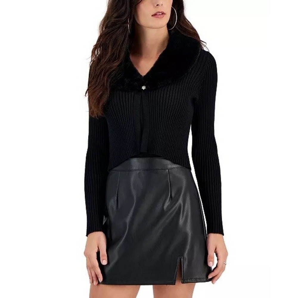 Taylor Ribbed Knit‎ Cardigan Removable Faux Fur Collar Single Button Size L